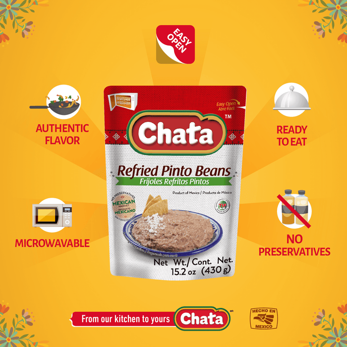 Chata, Refried Pinto Beans, Pouch 15.2 Oz, high-quality ingredients, authentic Mexican food, no refrigeration required.