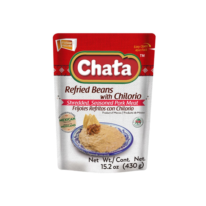 Chata, Refried Beans With Chilorio, Pouch 15.2 Oz, high-quality ingredients, authentic Mexican food, no refrigeration required.