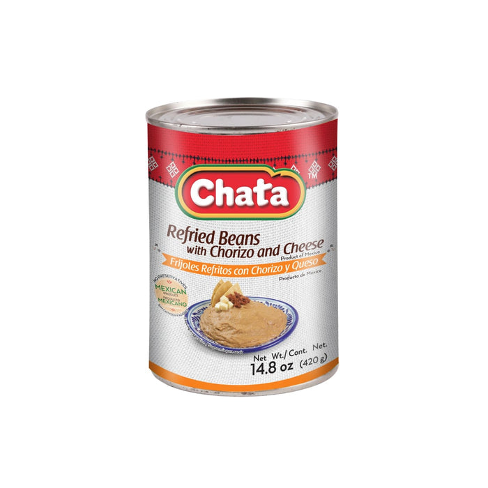 Chata, Refried Beans, With Chorizo & Cheese, Can 14.8 Oz, high-quality ingredients, authentic Mexican food, no refrigeration required.
