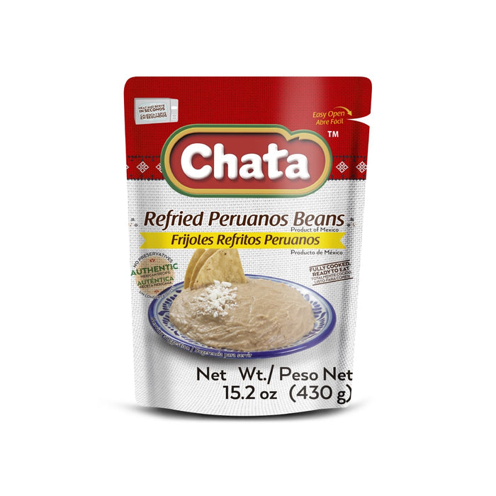 Chata, Refried Peruano Beans, Mayocoba, Pouch 15.2 Oz, high-quality ingredients, authentic Mexican food, no refrigeration required.