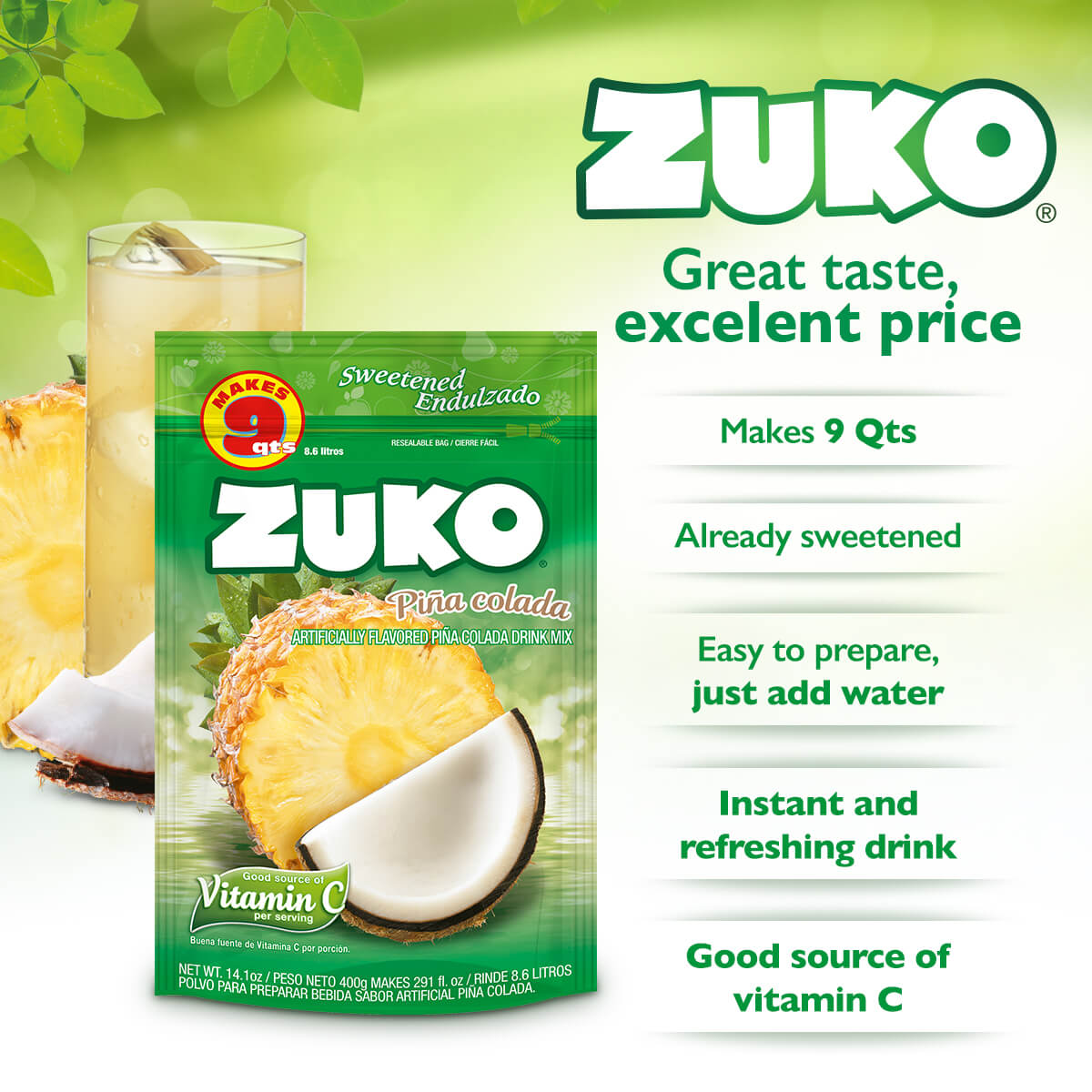 Zuko Drink Mix Piña Colada Family Pack, 14.1 oz — Cordialsa USA